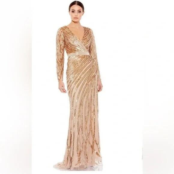 Mac‎ Duggal 5432 Long Sleeved Sequin Streaked Copper Long Gown Gold Copper Sz 10 - Picture 3 of 6